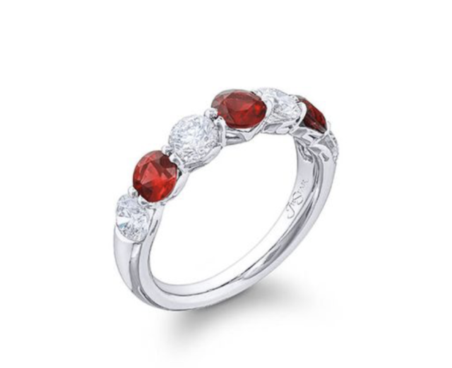 JB Star Platinum Shared Prong Band, Featuring 3 Round Rubies =1.18ctw and 4 Round Diamonds =1.21ctw, G Color, VS Clarity | Alson Jewelers