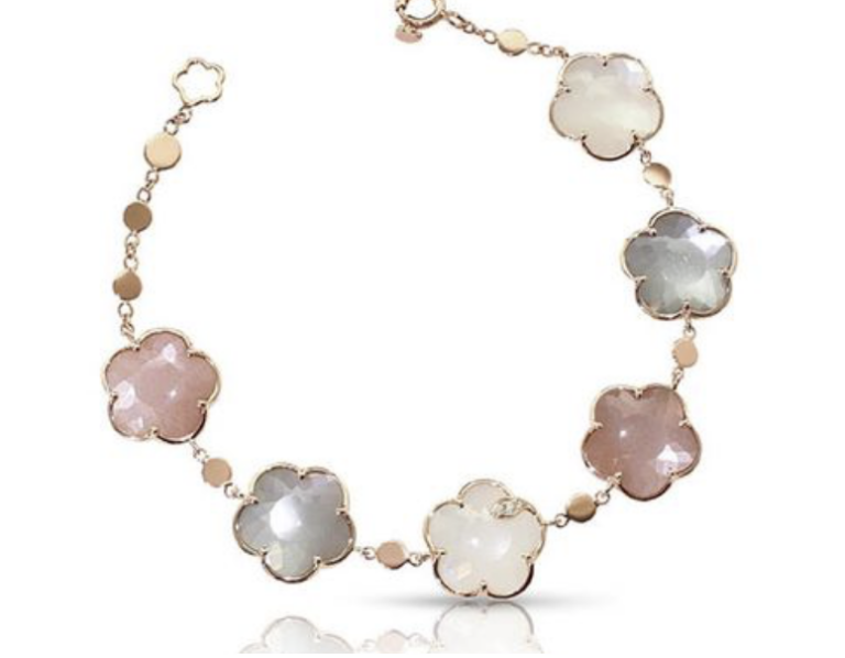 Pasquale Bruni 18K Rose Gold Bouquet Lunaire Bracelet, Featuring 12MM Flower Shaped Grey Moonstones, White Moonstones and Pink Moonstones, Accented with 3 Round Diamonds =.04ctw 