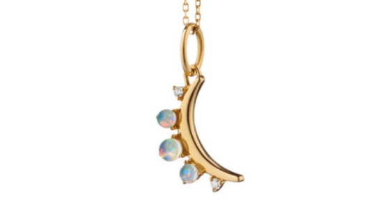 a yellow gold pendant necklace featuring opal and diamonds