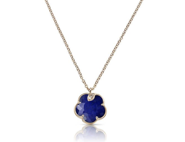 Pasquale Bruni 18K Rose Gold Petit Joli Pendant Necklace, Featuring a 12MM Flower Shape Rock Crystal over Lapis Doublet, Accented with a .01ct Round White Diamond and 2 Round Champagne Diamonds =.03ctw | Alson Jewelers