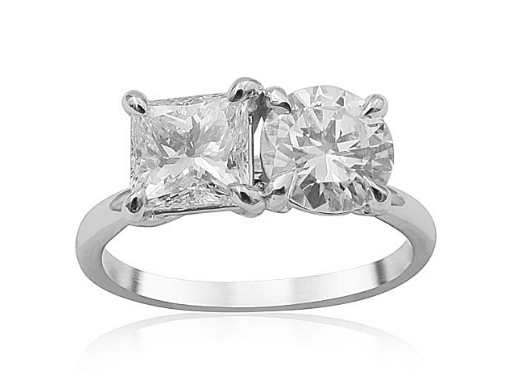 Alson Signature Collection 19K White Gold Two-Stone Engagement Ring, Featuring a 1.07ct Princess Cut Diamond, H Color, SI2 Clarity and a .98ct Round Diamond, I Color, SI1 Clarity | Alson Jewelers