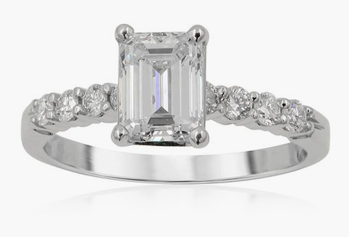 Alson Signature Collection Platinum Diamond Engagement Ring, Featuring a .99 Carat Emerald Cut Diamond, SI2 Clarity, I Color, Accented with 8 Round Diamonds =.30cts Total Weight | Alson Jewelers