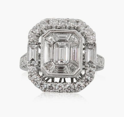 Alson Signature Collection Mosaic Center Engagement Ring, Fashioned in 18K White Gold, Featuring One Hundred Round Diamonds =1.13cts Total Weight, Two Baguette Diamonds =.32cts Total Weight, Eight Trapezoid Diamonds =.89cts Total Weight and One Emerald Cut Diamond =.34cts Total Weight | Alson Jewelers