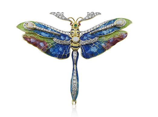 Alson Estate Collection 18K Yellow Gold Enameled Dragonfly Pin, Featuring Rubies, Emeralds, Opals and 73 Round Diamonds =1.00ctw | Alson Jewelers