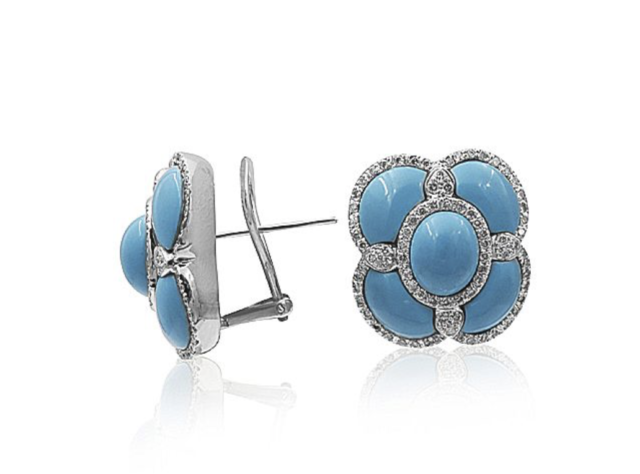 Alson Estate Collection 18K White Gold Earrings, Featuring Turquoise, Accented with 156 Round Diamonds =1.20ctw | Alson Jewelers
