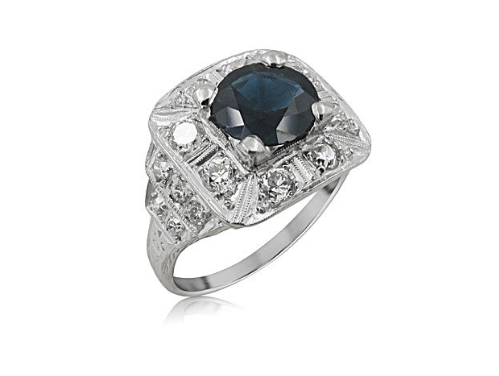 Alson Estate Collection Platinum Ring, Featuring a 7MM Round Blue Sapphire, Accented with 18 Round Diamonds =.30cts Total Weight | Alson Jewelers