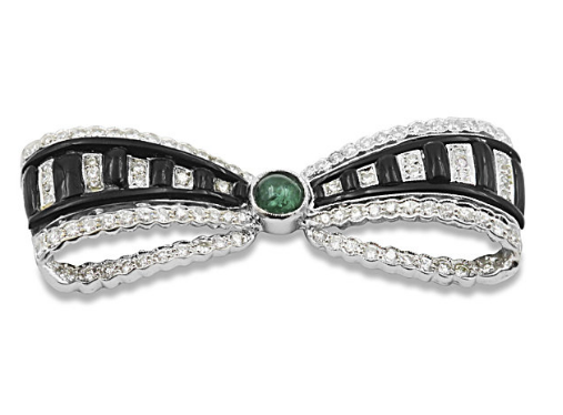 Alson Estate Collection 18K White Gold Bow Pin, Featuring Black Onyx, a Round Cabochon Emerald and 93 Round Diamonds =1.50ctw, H Color, SI1 Clarity | Alson Jewelers