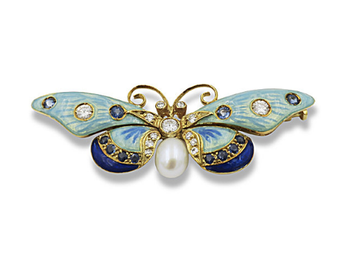 Alson Estate Collection 18K Yellow Gold Multi-Stone Blue-Green Enamel Butterfly Pin, Featuring 1 Pearl, 12 Round Blue Sapphires and 13 Round Diamonds =.35ctw, H Color, VS2 Clarity | Alson Jewelers