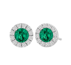 Spark 18K White Gold Round Halo Stud Earrings, Featuring 2 Round Emeralds =.36ctw, Accented with 24 Round Diamonds =.15ctw, G-H Color, VS Clarity | Alson Jewelers