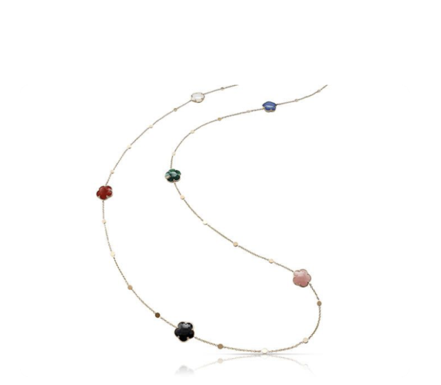 Pasquale Bruni 18K Rose Gold Petit Joli Bouquet Sautoir Necklace, Featuring 12MM Flower Shape White Agate, Green Agate, Black Onyx, Pink Chalcedony, Carnelian and White Agate over Lapis Doublet, Accented with a .02ct Round Diamond | Alson Jewelers