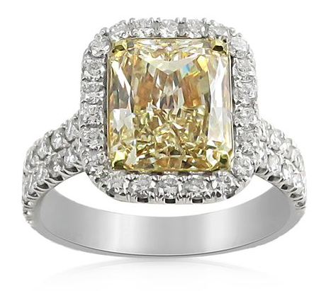 Alson Signature Collection Platinum & 18K Yellow Gold Halo Engagement Ring, Featuring a 3.01 Carat Radiant Fancy Light Yellow Diamond, VS1 Clarity, EGL Certified, Accented with 70 Round Diamonds =1.07cts Total Weight | Alson Jewelers