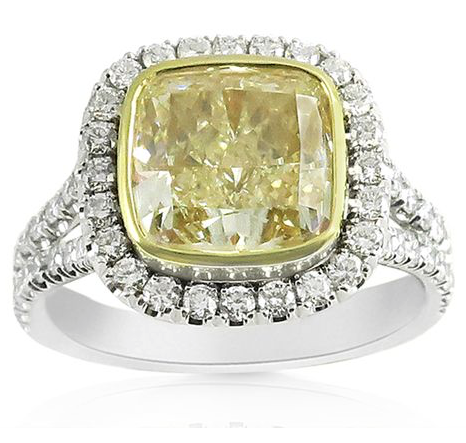 Alson Signature Collection Platinum & 18K Yellow Gold Halo Split Shank Engagement Ring, Featuring a 3.10 Carat Cushion Fancy Yellow Diamond, SI1 Clarity, EGL Certified, Accented with 80 Round Diamonds =.88cts Total Weight | Alson Jewelers