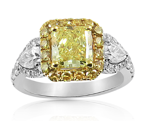 Alson Signature Collection 18K Yellow and White Gold Engagement Ring, Featuring a 1.57 Carat Fancy Intense Yellow Radiant Diamond, SI1 Clarity, GIA Certified, Accented with 32 Round Diamonds =.40cts Total Weight, 2 Pear Shaped Diamonds =.53cts Total Weight and 16 Round Yellow Diamonds =.37cts Total Weight | Alson Jewelers