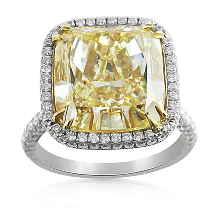 Alson Signature Collection Platinum & 18K Yellow Gold Engagement Ring, Featuring a 9.04 Carat Cushion Fancy Light Yellow Diamond, VS1 Clarity, GIA Certified, Accented with 240 Round Diamonds =1.12cts Total Weight | Alson Jewelers