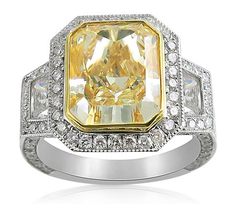 Alson Signature Collection Platinum & 18K Yellow Gold Engagement Ring, Featuring a 5.09 Carat Radiant Fancy Intense Yellow Diamond, Accented with 2 Trapezoid Diamonds and Round Diamonds | Alson Jewelers