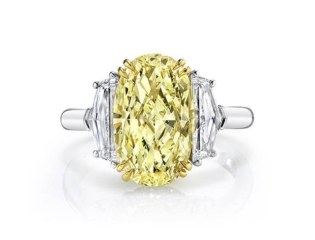 Alson Signature Collection 18K Yellow Gold & Platinum Engagement Ring, Featuring a 4.01ct Cushion Fancy Yellow Diamond, VS1 Clarity, GIA Certified, Accented with 2 Cadillac Trapezoid Diamonds =1.15ctw | Alson Jewelers