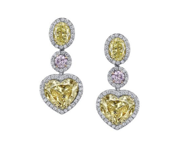 Alson Signature Collection Platinum and 18K Yellow & Rose Gold Dangle Earrings, Featuring 2 Heart Shape Fancy Yellow Diamonds =10.72ctw, 2 Round Fancy Pink-Purple Diamonds =.62ctw, GIA Certified, 2 Oval Fancy Yellow Diamonds =2.32tw, GIA Certified and 110 Round Diamonds =.81ctw | Alson Jewelers