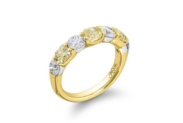 JB Star 18K Yellow Gold & Platinum Shared Prong Band, Featuring 3 Cushion Fancy Yellow Diamonds =1.22ctw, VS Clarity and 4 Round White Diamonds =1.05ctw, G Color, VS Clarity | Alson Jewelers