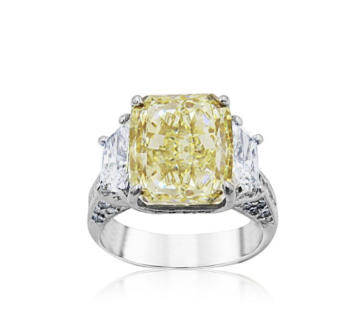 Alson Signature Collection Platinum & 18K Yellow Gold Engagement Ring, Featuring a 5.85ct Radiant Fancy Yellow Diamond, VS1 Clarity, GIA Certified, Accented with 2 Trapezoid Diamonds =1.02ctw, 10 Princess Cut Diamonds =.38ctw, 48 Round Diamonds =.26ctw and 18 Round Fancy Yellow Diamonds =.10ctw | Alson Jewelers