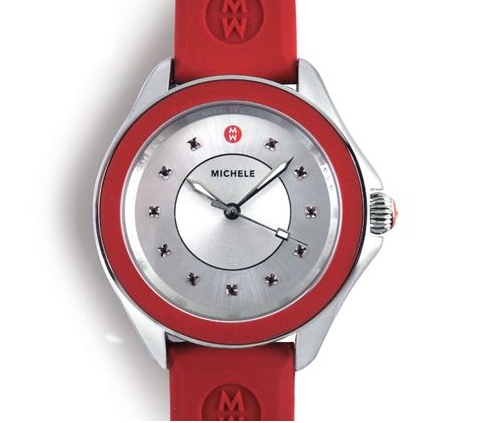 Michele Cape Topaz Red Watch, Featuring Steel Accents, Silver Dial with Red Topaz, Red Silicone Strap and Quartz Movement  | Alson Jewelers