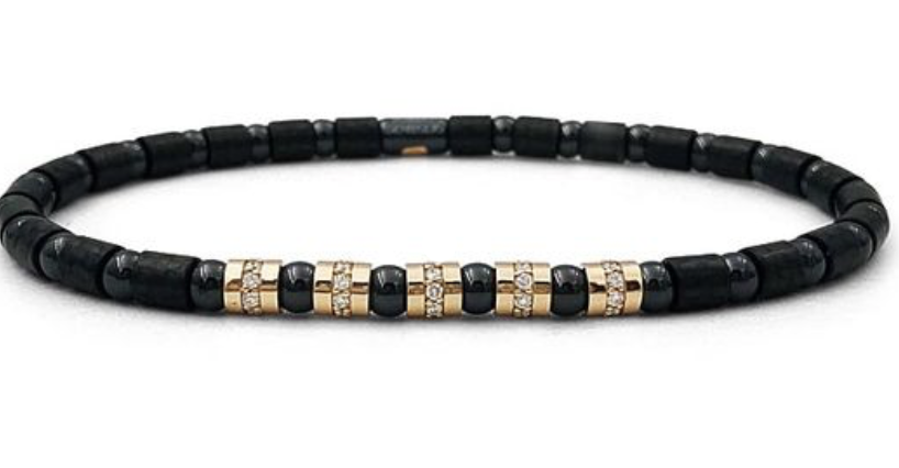 Roberto Demeglio 18K Rose Gold, Black Ceramic & Carbon Stretch Bracelet, Featuring Five Sections with Round Diamonds =.35ctw