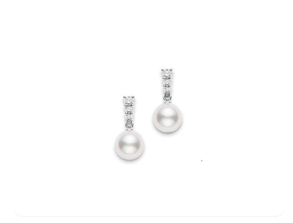 Mikimoto 18K White Gold Morning Dew Earrings, Featuring (2) 7.5MM A+ Quality Akoya Cultured Pearls, Accented with 6 Round Diamonds =.26ctw