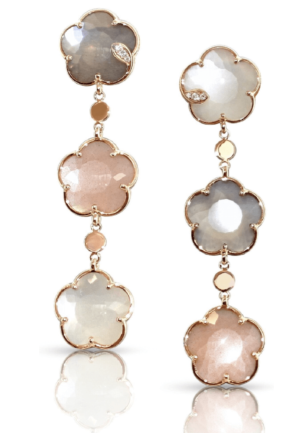 Pasquale Bruni 18K Rose Gold Bouquet Lunaire Dangle Earrings, Featuring 12MM Flower Shaped Grey Moonstones, White Moonstones and Pink Moonstones, Accented with 6 Round Diamonds =.06ctw 