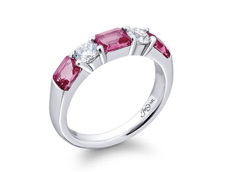 JB Star Platinum Band, Featuring 3 East-West Set Emerald Cut Pink Sapphires =1.55ctw and 2 Round Diamonds =.50ctw, G Color, VS Clarity