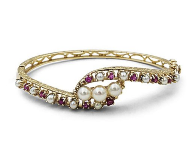 Alson Estate Collection 14K Yellow Gold Bangle Bracelet, Featuring 13 Pearls and 10 Round Rubies | Alson Jewelers