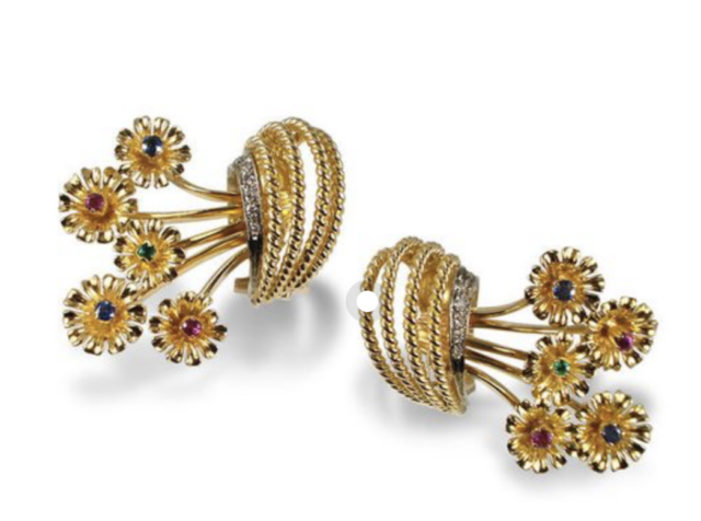 Alson Estate Collection 18K Yellow Gold Flower Earrings, Featuring Rubies, Sapphires and Emeralds  | Alson Jewelers