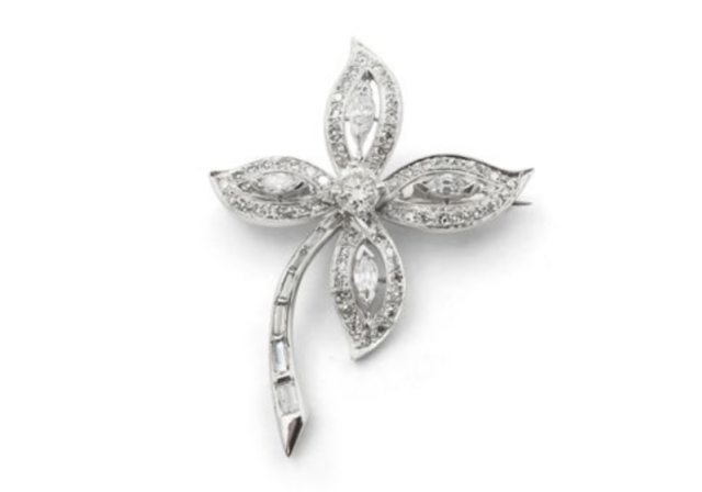 Alson Estate Collection Platinum Flower Brooch, Featuring a Round Diamond, Single Cut Round Diamonds, Marquise Diamonds, and Baguette Diamonds   | Alson Jewelers