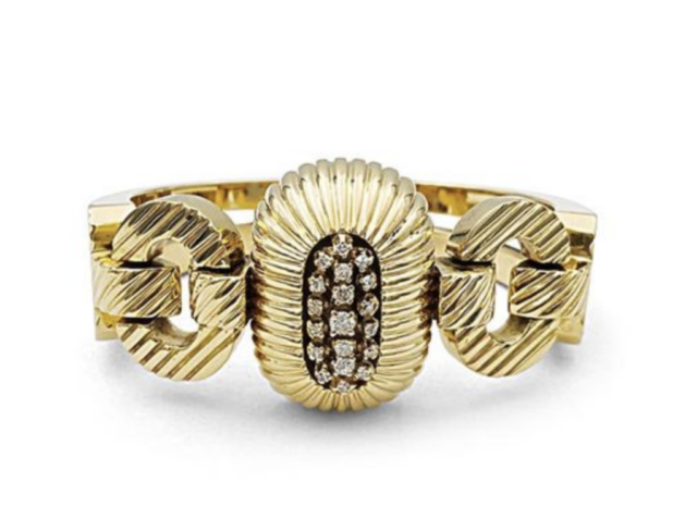 Alson Estate Collection 14K Yellow Gold Ribbed Domed Covered Watch Bangle Bracelet, Featuring 19 Round Diamonds =.38ctw | Alson Jewelers