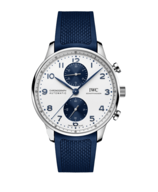 IWC Portugieser Chronograph 41MM Steel Watch, with a White Dial, Blue Sub Dials, Blue Rubber Strap and Automatic Movement with 46 Hours Power Reserve | Alson Jewelers
