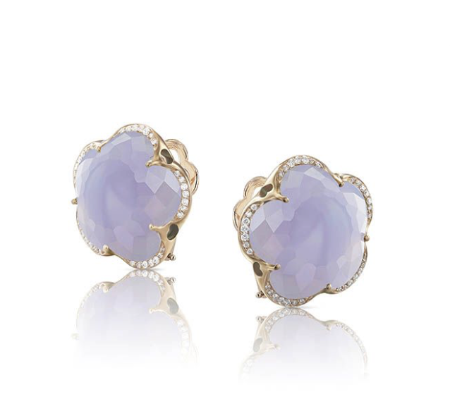 Pasquale Bruni 18K Rose Gold Bon Ton Earrings, Featuring 2 Flower Shape Blue Chalcedony =19.99ctw, Accented with 70 Round Diamonds =.18ctw | Alson Jewelers