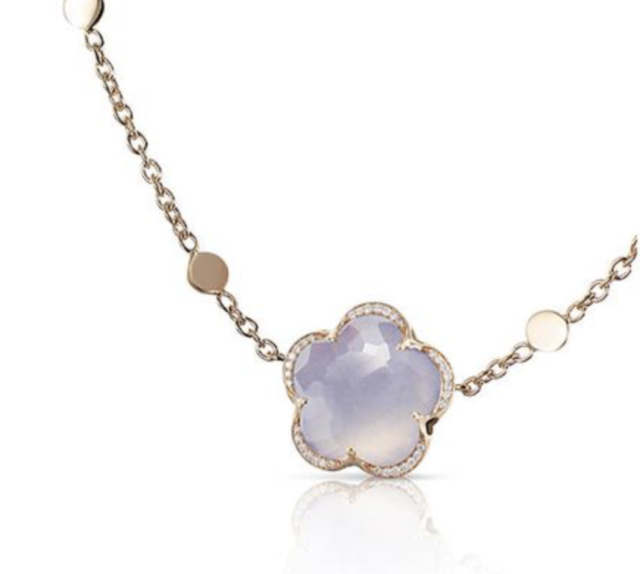 Pasquale Bruni 18K Rose Gold Bon Ton Necklace, Featuring a 10.00ct Flower Shape Blue Chalcedony, Accented with 35 Round White Diamodns =.09ctw | Alson Jewelers