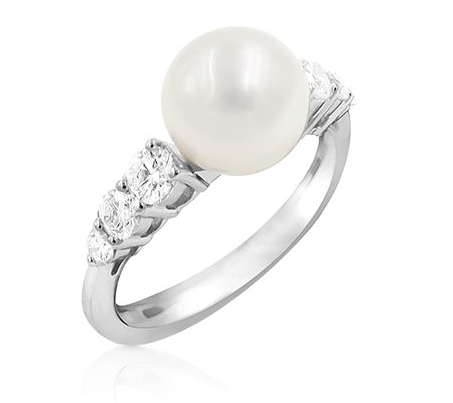 Mikimoto 18K White Gold Pearl & Diamond Ring, Featuring an 8-8.5MM A+ Quality Akoya Cultured Pearl, Accented with 6 Round Diamonds =.31cts Total Weight | Alson Jewelers