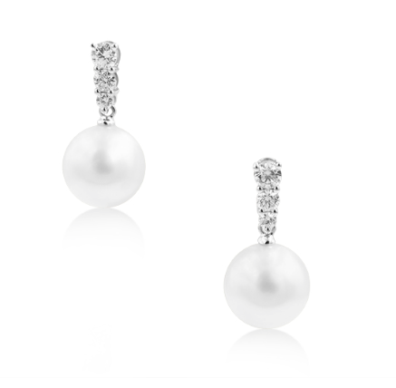 Mikimoto 18K White Gold Pearl & Diamond Earrings, Featuring (2) 10MM A+ Quality White South Sea Cultured Pearls, Accented with 2 Round Diamonds =.20cts Total Weight | Alson Jewelers