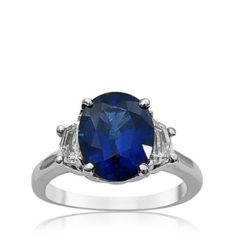 Alson Signature Collection Platinum Three-Stone Ring, Featuring a 3.37ct Oval Blue Sapphire, GIA Certified, Accented with 2 Cadillac Trapezoid Diamonds =.50ctw, F Color, VS2 Clarity  | Alson Jewelers