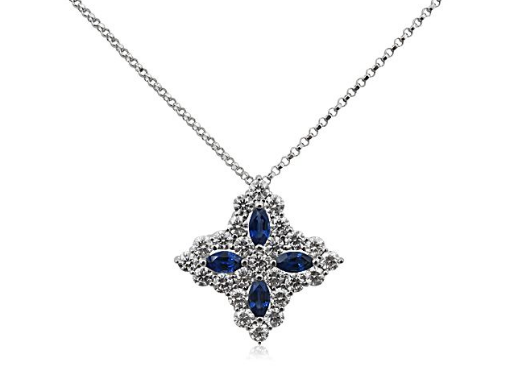 Roberto Coin 18K White Gold Princess Flower Necklace, with Blue Sapphires =.65cts Total Weight and Diamonds =1.23cts Total Weight | Alson Jewelers