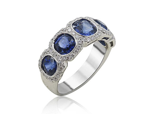 JB Star Platinum Band, Featuring 5 Cushion Shaped Blue Sapphires=3.52ctw, Accented with Pave Set Round Diamonds  | Alson Jewelers