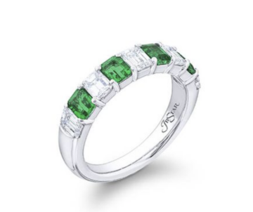 B Star Platinum Shared Prong Band, Featuring 4 Emerald Cut Emeralds =.81ctw and 5 Emerald Cut Diamonds =1.13ctw  | Alson Jewelers