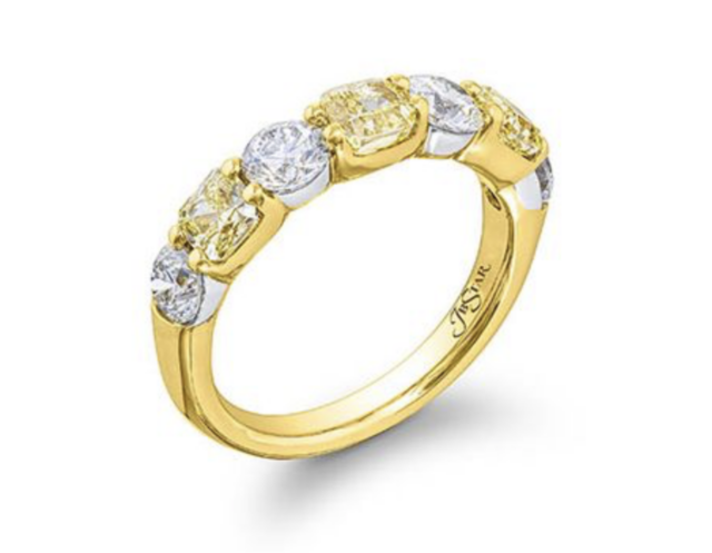 JB Star 18K Yellow Gold & Platinum Shared Prong Band, Featuring 3 Cushion Fancy Yellow Diamonds =1.22ctw, VS Clarity and 4 Round White Diamonds =1.05ctw, G Color, VS Clarity | Alson Jewelers