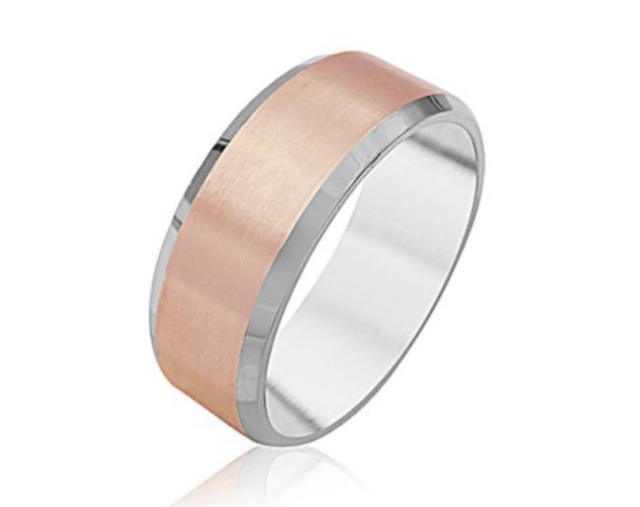 ArtCarved Men | Alson Jewelers's 14K Rose & White Gold 8MM Comfort Fit Brush & High Polish Beveled Edge Band 