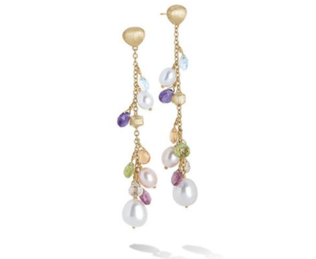 Marco Bicego 18K Yellow Gold Paradise Long Drop Earrings, Featuring White and Pink Baroque Pearls and Tabeez Cut Mixed Gemstones