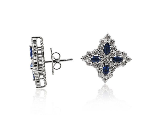 Roberto Coin 18K White Gold Princess Flower Earrings, with Blue Sapphires=1.30cts Total Weight and Diamonds =2.45cts Total Weight | Alson Jewelers