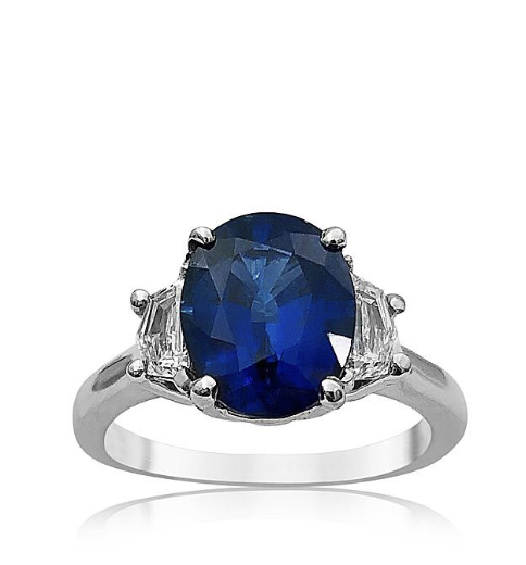 Alson Signature Collection Platinum Three-Stone Ring, Featuring a 3.37ct Oval Blue Sapphire, GIA Certified, Accented with 2 Cadillac Trapezoid Diamonds =.50ctw, F Color, VS2 Clarity