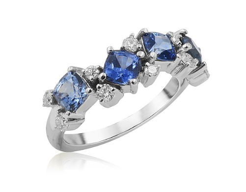 Penny Preville 18K White Gold Band, Featuring 4 Cushion Shaped Ombre Blue Sapphires =1.68ctw, Accented with 9 Round Diamonds =.27ctw | Alson Jewelers