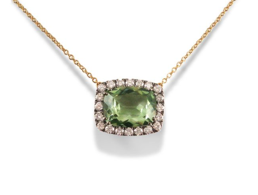 Alson Signature Collection Necklace, Fashioned in 18K Yellow Gold, Featuring a 5.00 Carat Cushion Shaped Prasiolite, Accented with Twenty Round Diamonds =.87cts Total Weight | Alson Jewelers