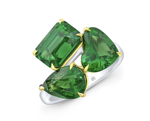 Rahaminov 18K Yellow Gold Mixed Shape Ring, Featuring a 4.14ct Emerald Cut Tsavorite, 2.78ct Heart Shape Tsavorite and 2.77ct Pear Shape Tsavorite 