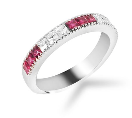 Bez Ambar Blaze Diamond and Ruby Band, Fashioned in 18K White Gold, Featuring Six Blaze Diamonds =.35cts Total Weight and Nine Square Rubies =.68cts Total Weight, Alternating Three Diamonds, Three Rubies | Alson Jewelers